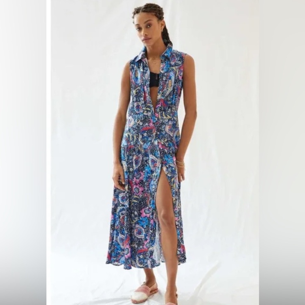 Anthropologie Maeve Blue and Pink Patterned Maxi Dress - 00 blue pink.  Maxi